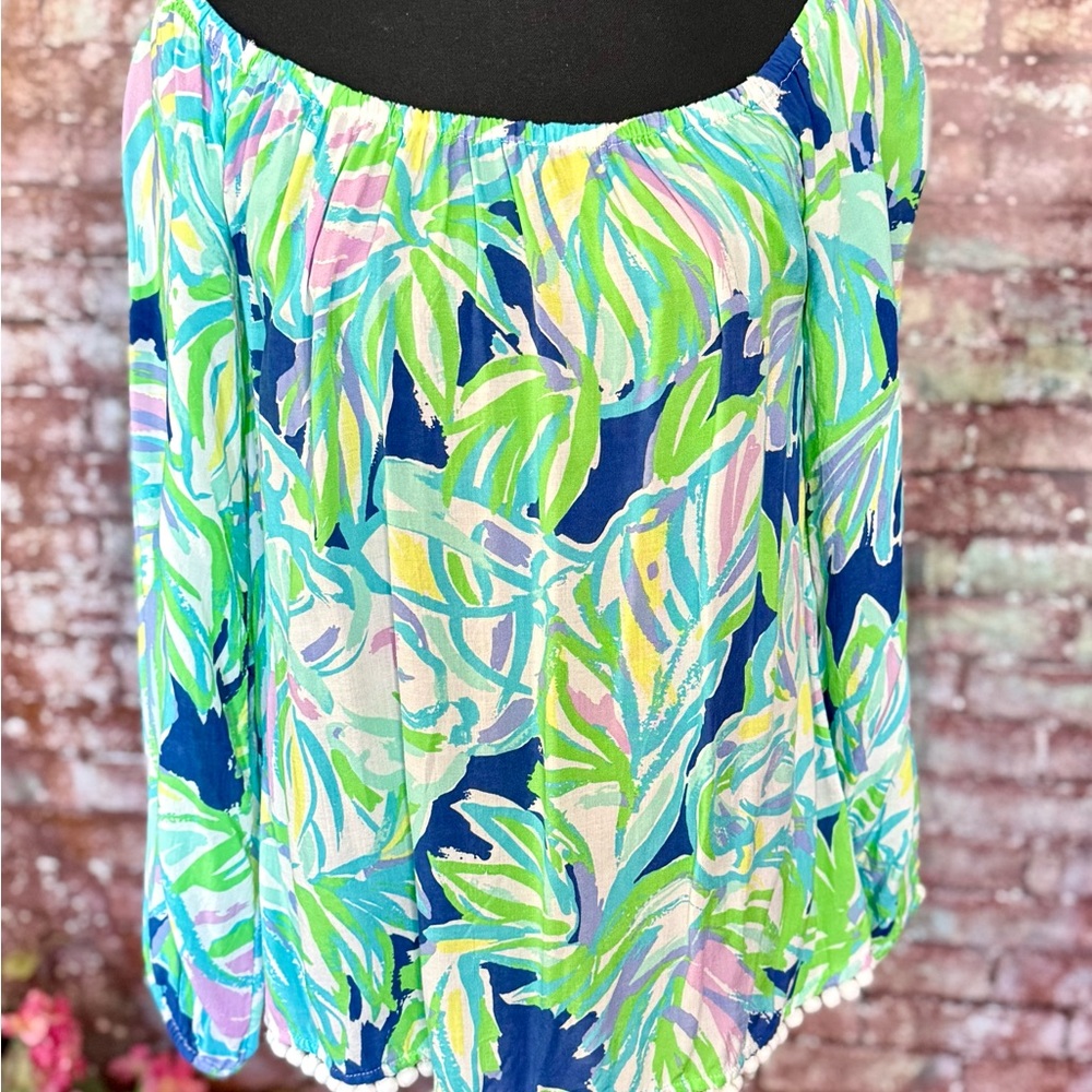 Lilly Pulitzer Off-The-Shoulder Top in Blue, Green & Pink Leaf Print